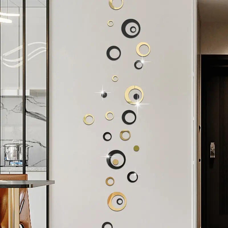 Set 24 Oglinzi Acrilice Autoadezive Pentru Decorarea Peretilor Luxer, Model Cercuri, Black and Gold, Oglinda Decorativa Perete/Mobila pentru Hol Living Baie [10]