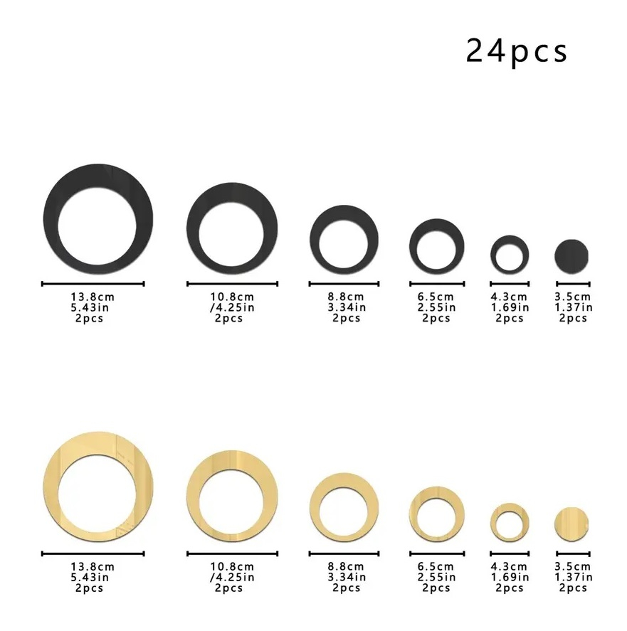 Set 24 Oglinzi Acrilice Autoadezive Pentru Decorarea Peretilor Luxer, Model Cercuri, Black and Gold, Oglinda Decorativa Perete/Mobila pentru Hol Living Baie [13]