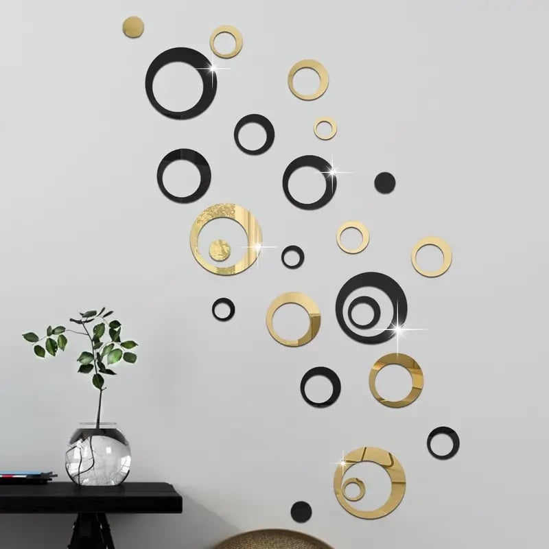 Set 24 Oglinzi Acrilice Autoadezive Pentru Decorarea Peretilor Luxer, Model Cercuri, Black and Gold, Oglinda Decorativa Perete/Mobila pentru Hol Living Baie [1]