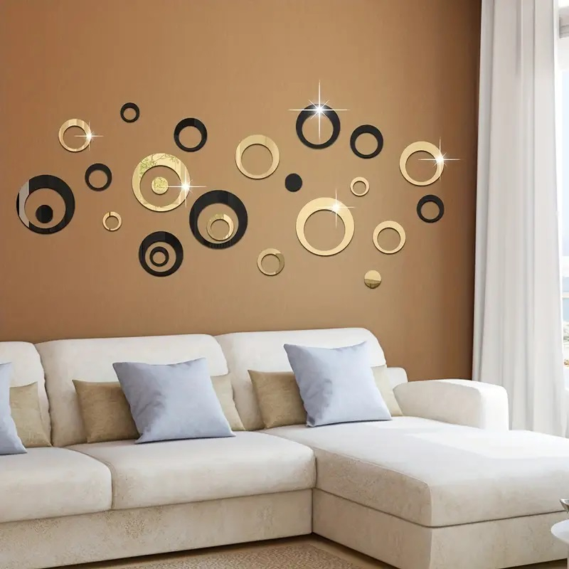 Set 24 Oglinzi Acrilice Autoadezive Pentru Decorarea Peretilor Luxer, Model Cercuri, Black and Gold, Oglinda Decorativa Perete/Mobila pentru Hol Living Baie [11]