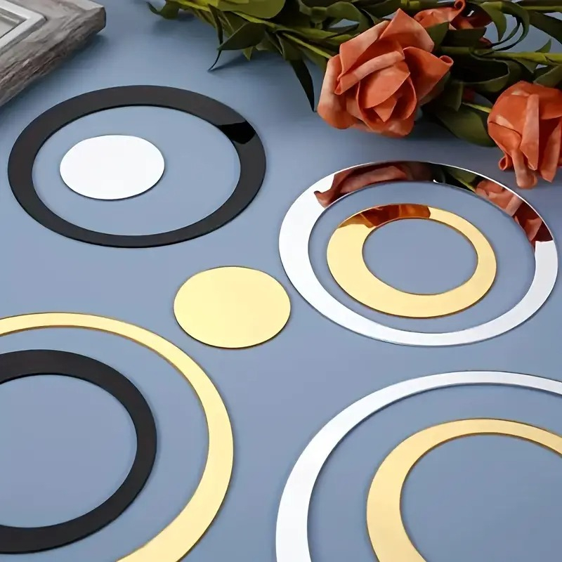 Set 24 Oglinzi Acrilice Autoadezive Pentru Decorarea Peretilor Luxer, Model Cercuri, Black and Gold, Oglinda Decorativa Perete/Mobila pentru Hol Living Baie [2]