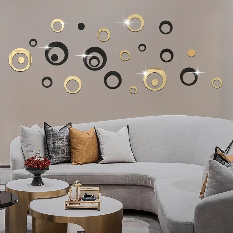 Set 24 Oglinzi Acrilice Autoadezive Pentru Decorarea Peretilor Luxer, Model Cercuri, Black and Gold, Oglinda Decorativa Perete/Mobila pentru Hol Living Baie [5]