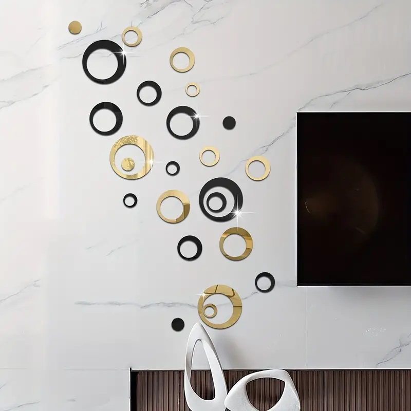 Set 24 Oglinzi Acrilice Autoadezive Pentru Decorarea Peretilor Luxer, Model Cercuri, Black and Gold, Oglinda Decorativa Perete/Mobila pentru Hol Living Baie [3]