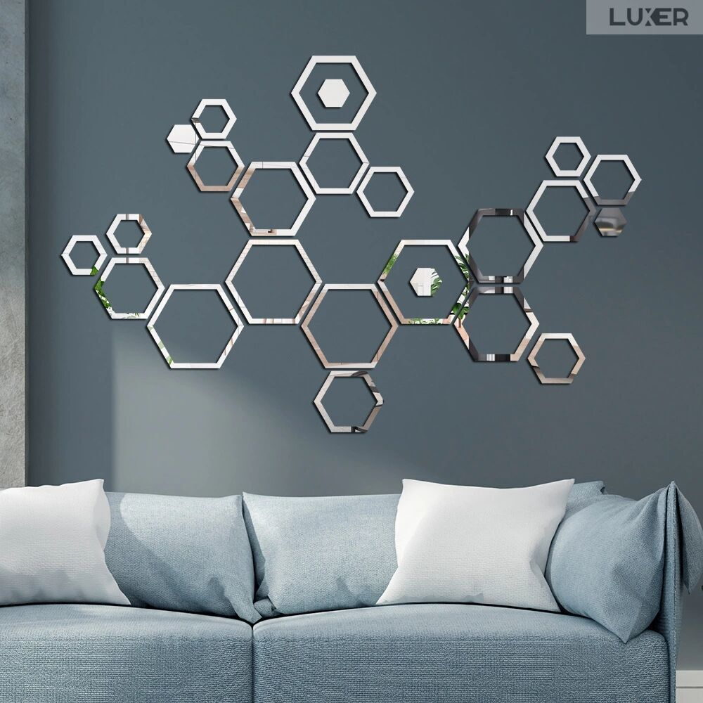 Set 24 Oglinzi Acrilice Autoadezive Pentru Decorarea Peretilor Luxer, Model Rama Hexagonala, Oglinda Decorativa Perete/Mobila pentru Hol Living Baie, Silver [4]