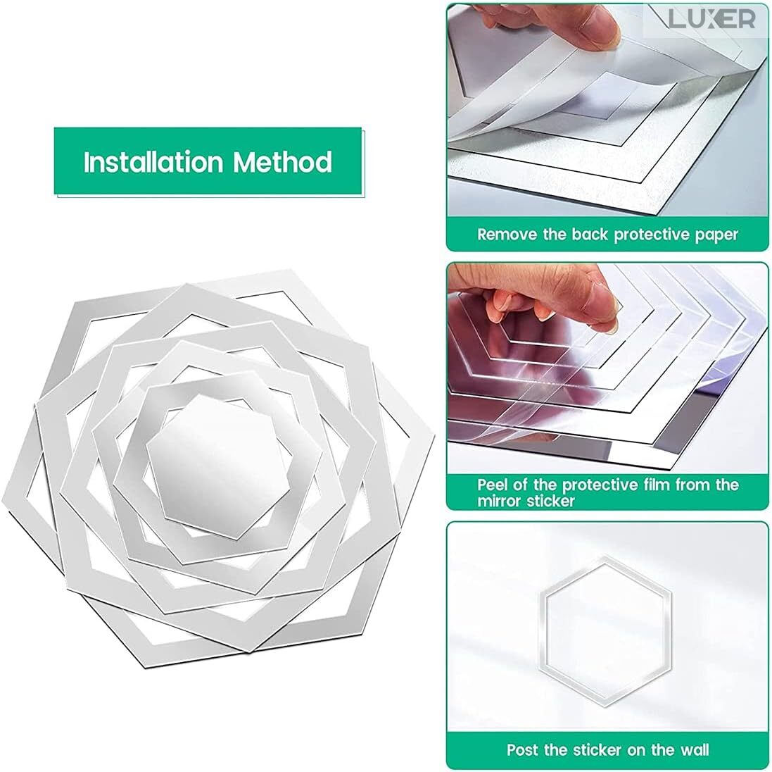 Set 24 Oglinzi Acrilice Autoadezive Pentru Decorarea Peretilor Luxer, Model Rama Hexagonala, Oglinda Decorativa Perete/Mobila pentru Hol Living Baie, Silver [16]