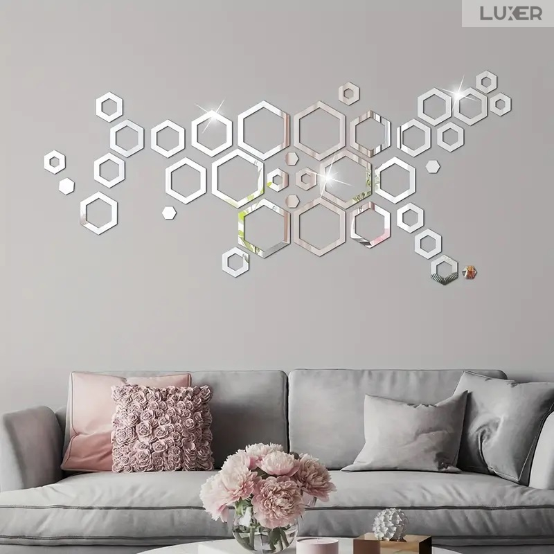 Set 24 Oglinzi Acrilice Autoadezive Pentru Decorarea Peretilor Luxer, Model Rama Hexagonala, Oglinda Decorativa Perete/Mobila pentru Hol Living Baie, Silver [7]