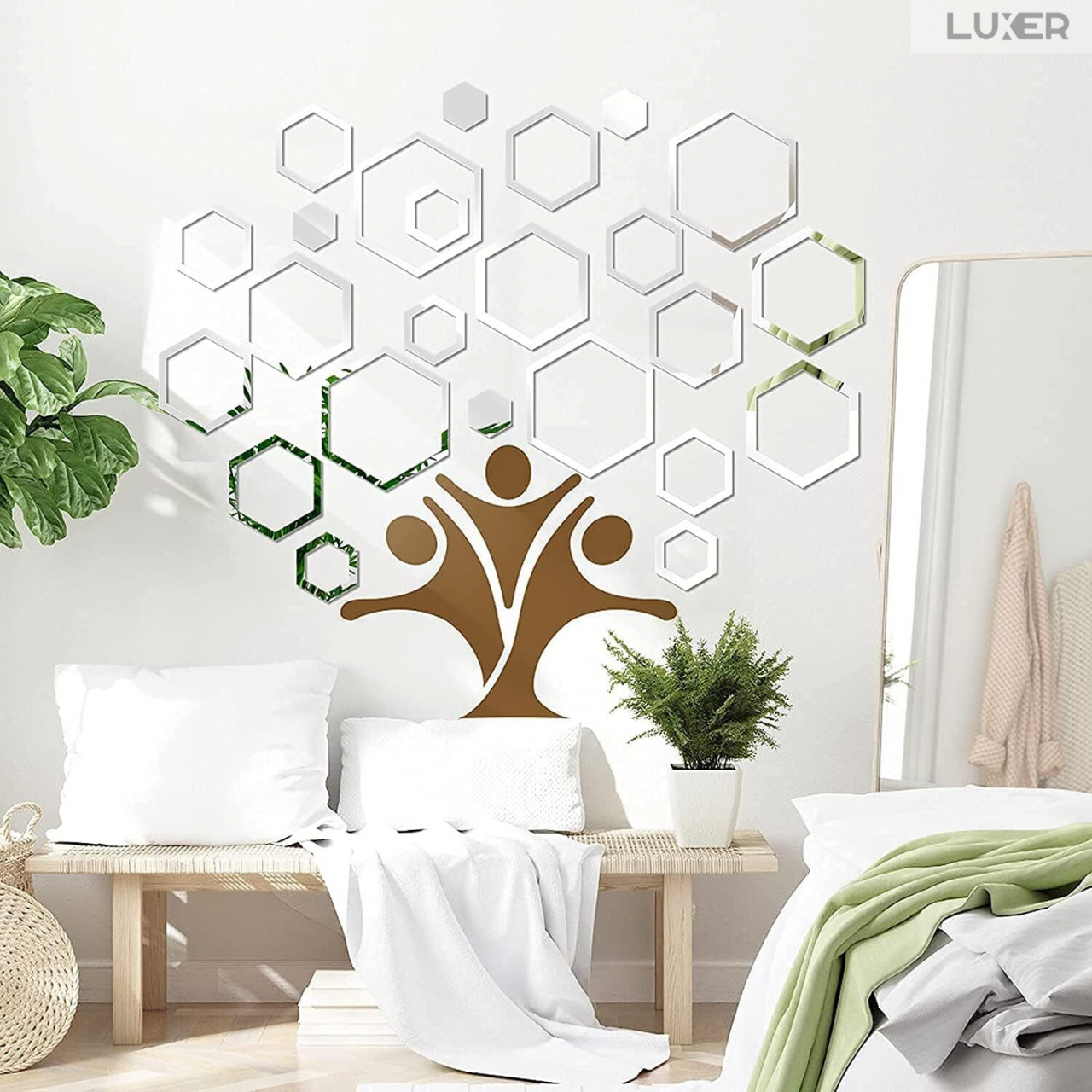 Set 24 Oglinzi Acrilice Autoadezive Pentru Decorarea Peretilor Luxer, Model Rama Hexagonala, Oglinda Decorativa Perete/Mobila pentru Hol Living Baie, Silver [2]