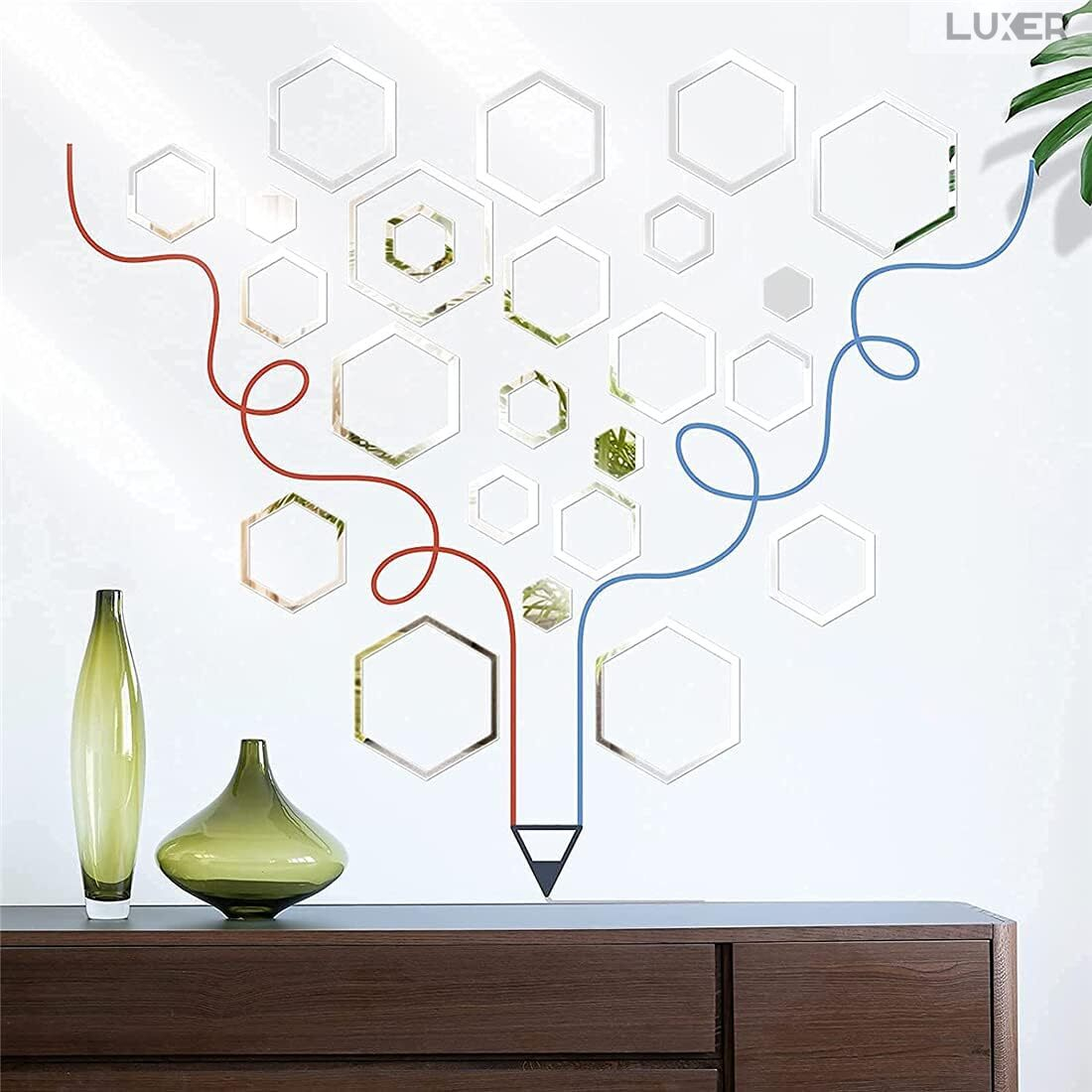 Set 24 Oglinzi Acrilice Autoadezive Pentru Decorarea Peretilor Luxer, Model Rama Hexagonala, Oglinda Decorativa Perete/Mobila pentru Hol Living Baie, Silver [3]