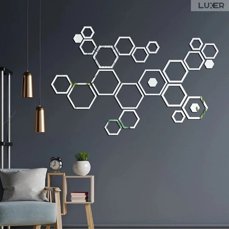 Set 24 Oglinzi Acrilice Autoadezive Pentru Decorarea Peretilor Luxer, Model Rama Hexagonala, Oglinda Decorativa Perete/Mobila pentru Hol Living Baie, Silver [1]