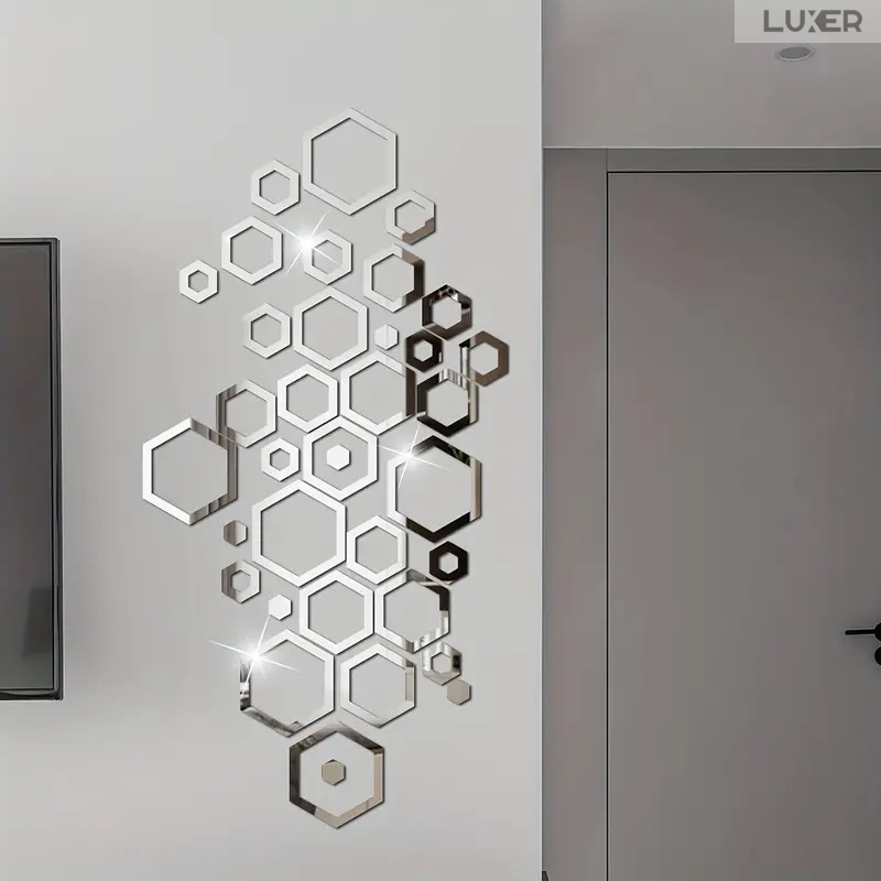 Set 24 Oglinzi Acrilice Autoadezive Pentru Decorarea Peretilor Luxer, Model Rama Hexagonala, Oglinda Decorativa Perete/Mobila pentru Hol Living Baie, Silver [6]