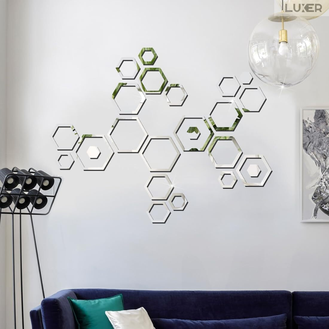 Set 24 Oglinzi Acrilice Autoadezive Pentru Decorarea Peretilor Luxer, Model Rama Hexagonala, Oglinda Decorativa Perete/Mobila pentru Hol Living Baie, Silver [9]