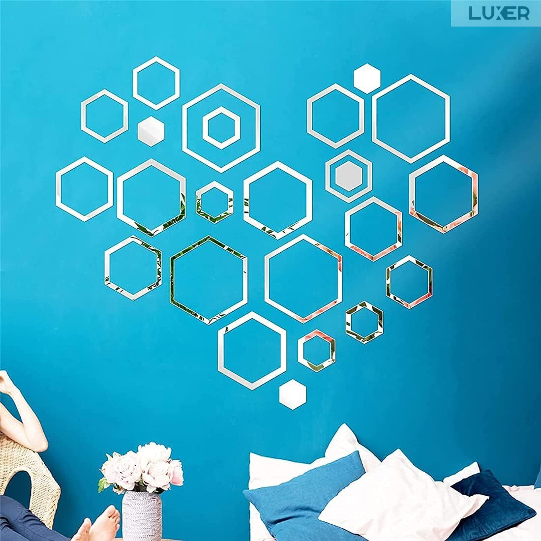 Set 24 Oglinzi Acrilice Autoadezive Pentru Decorarea Peretilor Luxer, Model Rama Hexagonala, Oglinda Decorativa Perete/Mobila pentru Hol Living Baie, Silver [12]