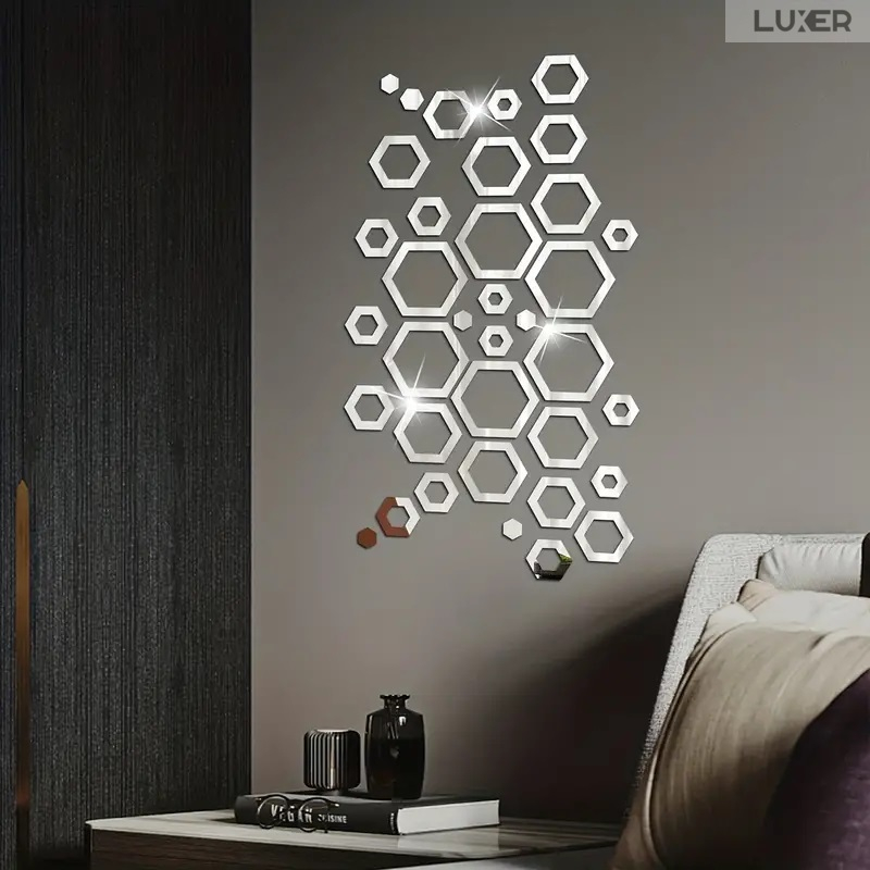 Set 24 Oglinzi Acrilice Autoadezive Pentru Decorarea Peretilor Luxer, Model Rama Hexagonala, Oglinda Decorativa Perete/Mobila pentru Hol Living Baie, Silver [8]