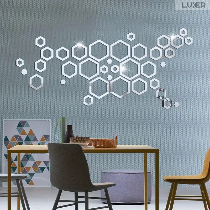 Set 24 Oglinzi Acrilice Autoadezive Pentru Decorarea Peretilor Luxer, Model Rama Hexagonala, Oglinda Decorativa Perete/Mobila pentru Hol Living Baie, Silver [5]