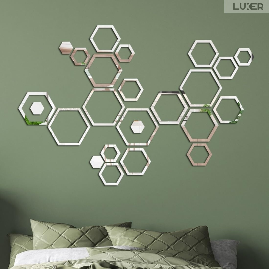 Set 24 Oglinzi Acrilice Autoadezive Pentru Decorarea Peretilor Luxer, Model Rama Hexagonala, Oglinda Decorativa Perete/Mobila pentru Hol Living Baie, Silver [10]