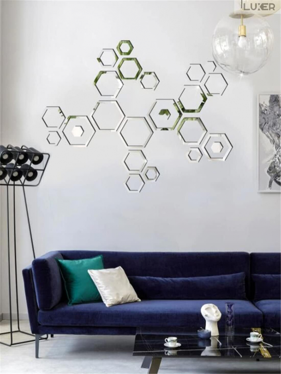 Set 24 Oglinzi Acrilice Autoadezive Pentru Decorarea Peretilor Luxer, Model Rama Hexagonala, Oglinda Decorativa Perete/Mobila pentru Hol Living Baie, Silver [11]