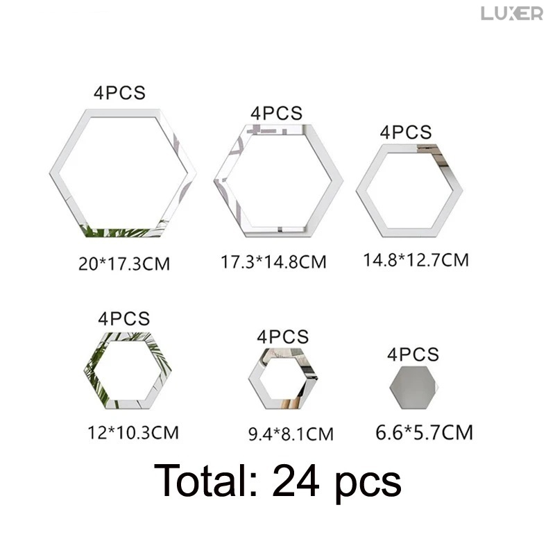 Set 24 Oglinzi Acrilice Autoadezive Pentru Decorarea Peretilor Luxer, Model Rama Hexagonala, Oglinda Decorativa Perete/Mobila pentru Hol Living Baie, Silver [15]