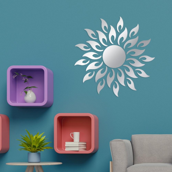 Set 27 oglinzi acrilice decorative Luxer, Model Soare cu 26 raze, Auriu, Argintiu, Negru 50x50 cm oglinda perete hol dedeman jysk mare ikea rotunda dormitor decorativa emag ieftina pentru living autoadeziva de lipit rezistenta la socuri din acril luxer [6]