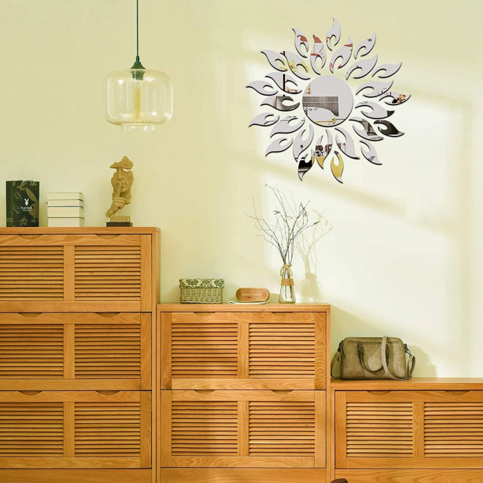 Set 27 oglinzi acrilice decorative Luxer, Model Soare cu 26 raze, Auriu, Argintiu, Negru 50x50 cm oglinda perete hol dedeman jysk mare ikea rotunda dormitor decorativa emag ieftina pentru living autoadeziva de lipit rezistenta la socuri din acril luxer [2]