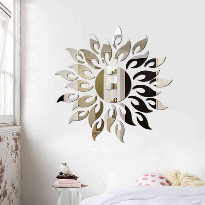 Set 27 oglinzi acrilice decorative Luxer, Model Soare cu 26 raze, Auriu, Argintiu, Negru 50x50 cm oglinda perete hol dedeman jysk mare ikea rotunda dormitor decorativa emag ieftina pentru living autoadeziva de lipit rezistenta la socuri din acril luxer [4]