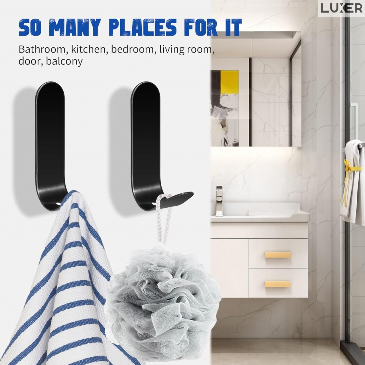 Set 3 Suporti Autoadezivi Rezistenti pentru Perete, Tip Carlig, pentru Agatare Propsop/Haine/Chei, Universal, Rezistenti la Umezeala, Lungime 7cm, Metal, Black, Luxer [7]