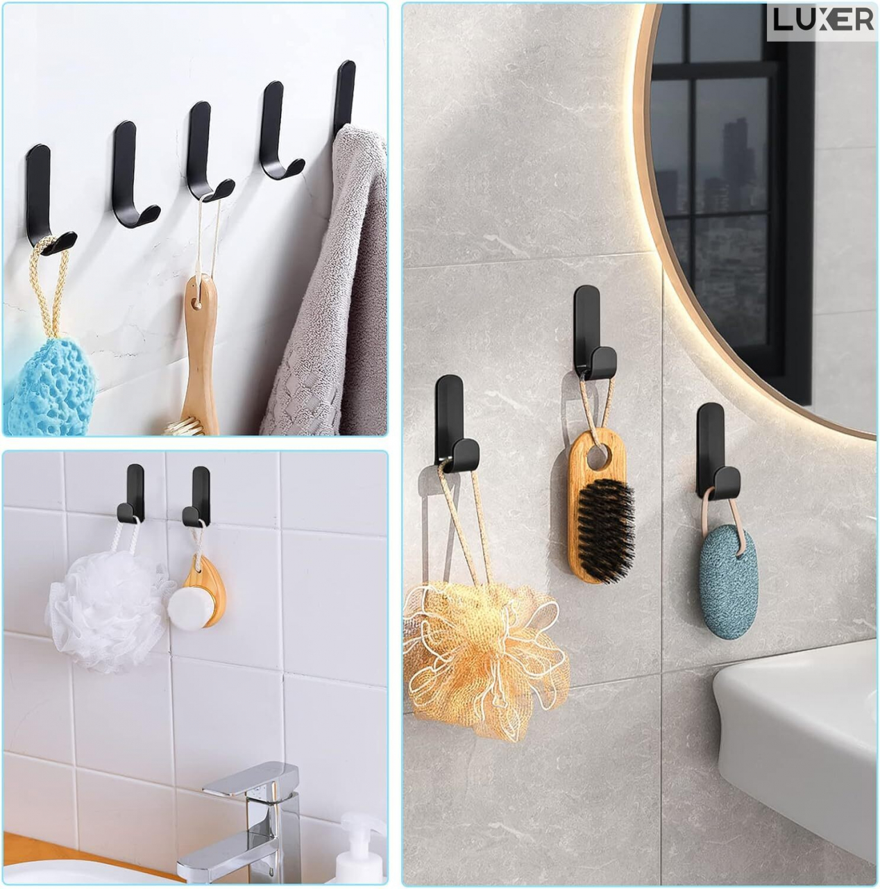 Set 3 Suporti Autoadezivi Rezistenti pentru Perete, Tip Carlig, pentru Agatare Propsop/Haine/Chei, Universal, Rezistenti la Umezeala, Lungime 7cm, Metal, Black, Luxer [6]