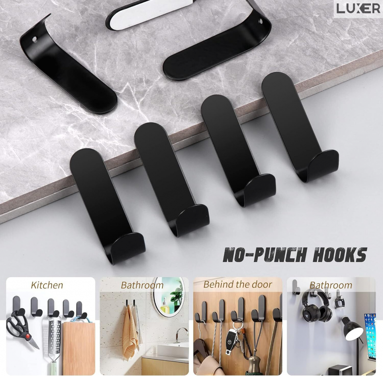 Set 3 Suporti Autoadezivi Rezistenti pentru Perete, Tip Carlig, pentru Agatare Propsop/Haine/Chei, Universal, Rezistenti la Umezeala, Lungime 7cm, Metal, Black, Luxer [8]
