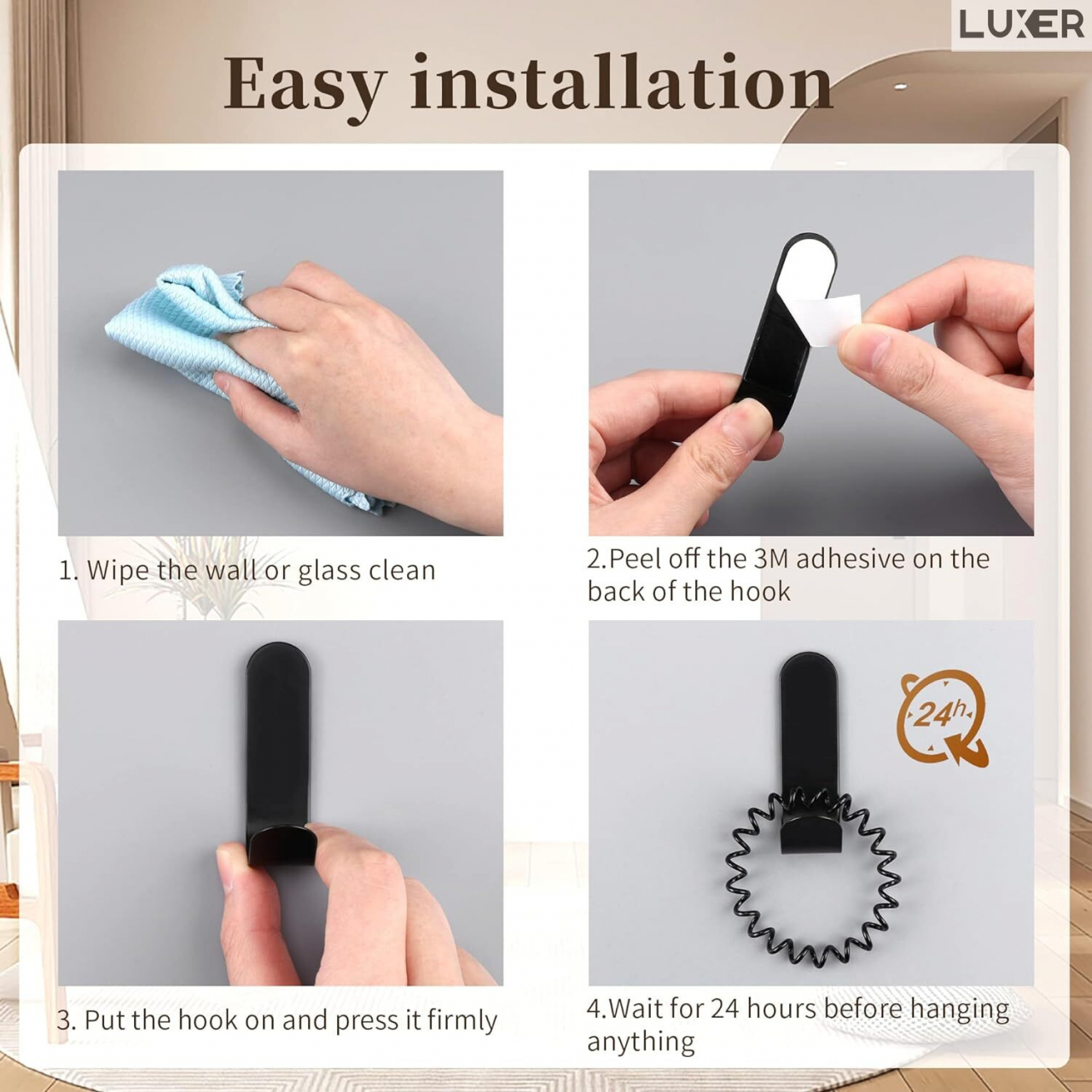 Set 3 Suporti Autoadezivi Rezistenti pentru Perete, Tip Carlig, pentru Agatare Propsop/Haine/Chei, Universal, Rezistenti la Umezeala, Lungime 7cm, Metal, Black, Luxer [5]