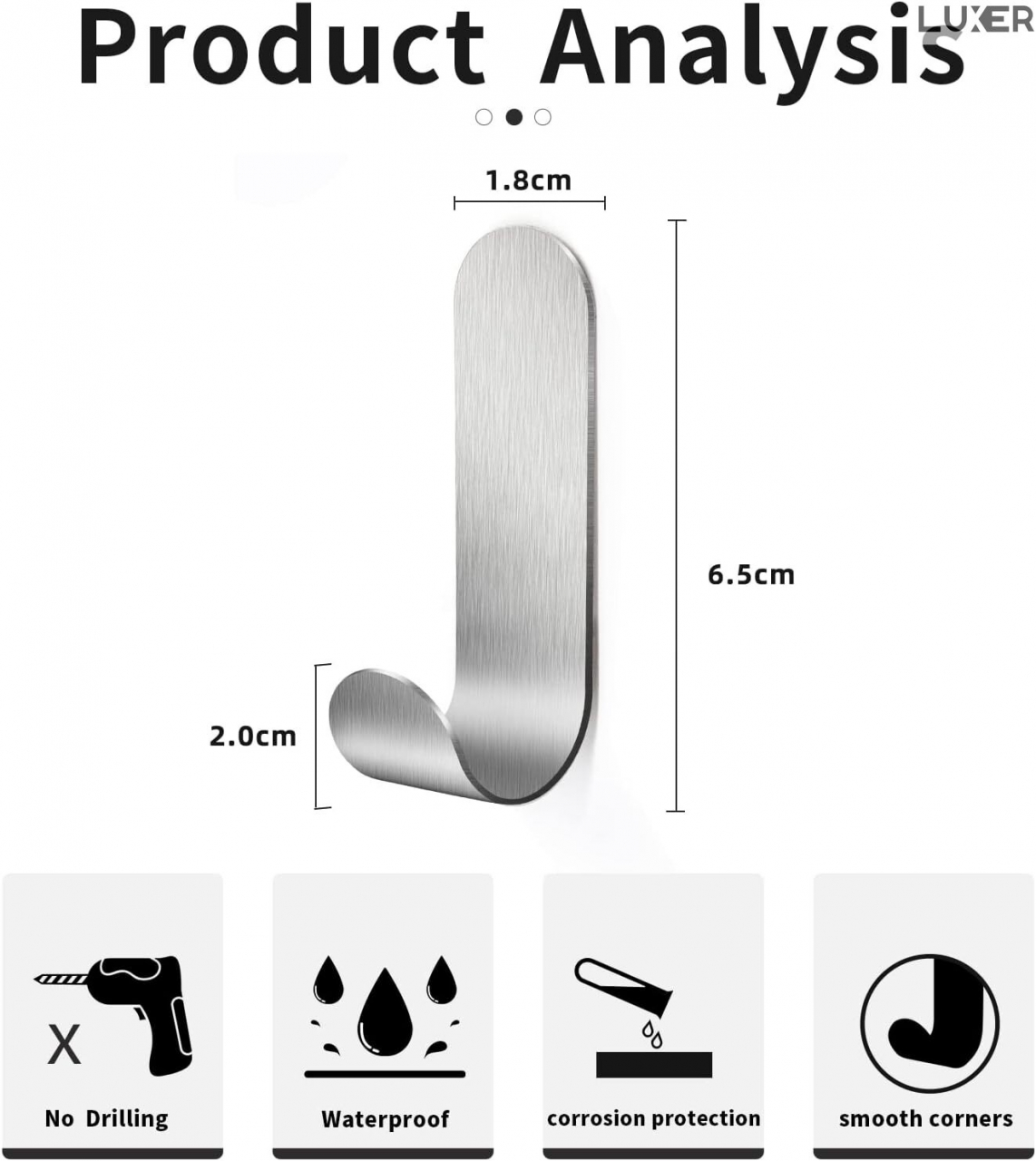 Set 3 Suporti Autoadezivi Rezistenti pentru Perete, Tip Carlig, pentru Agatare Propsop/Haine/Chei, Universal, Rezistenti la Umezeala, Lungime 7cm, Metal, Silver, Luxer [9]