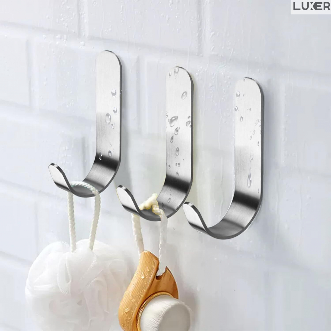 Set 3 Suporti Autoadezivi Rezistenti pentru Perete, Tip Carlig, pentru Agatare Propsop/Haine/Chei, Universal, Rezistenti la Umezeala, Lungime 7cm, Metal, Silver, Luxer [1]