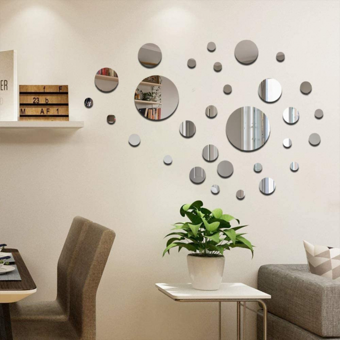 Set 31 oglinzi acrilice decorative Luxer, Oglinda Decorativa Perete/Mobila pentru Hol Living Baie, Model Buline, Autocolant, 5 Dimensiuni, Argintiu/Negru, oglinzi decorative pentru perete rotunde model bulina pentrun hol living ieftine din acril rezistente ikea jumbo hornbach luxer [2]