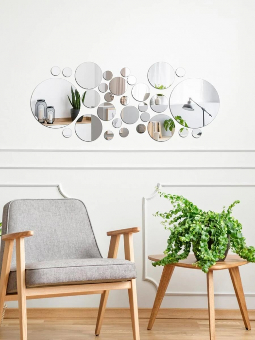 Set 31 oglinzi acrilice decorative Luxer, Oglinda Decorativa Perete/Mobila pentru Hol Living Baie, Model Buline, Autocolant, 5 Dimensiuni, Argintiu/Negru, oglinzi decorative pentru perete rotunde model bulina pentrun hol living ieftine din acril rezistente ikea jumbo hornbach luxer [13]