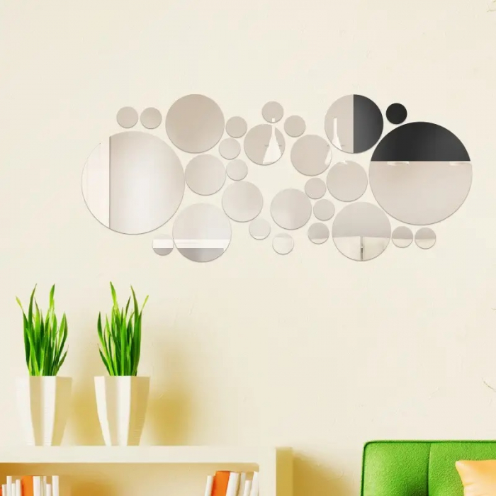 Set 31 oglinzi acrilice decorative Luxer, Oglinda Decorativa Perete/Mobila pentru Hol Living Baie, Model Buline, Autocolant, 5 Dimensiuni, Argintiu/Negru, oglinzi decorative pentru perete rotunde model bulina pentrun hol living ieftine din acril rezistente ikea jumbo hornbach luxer [10]