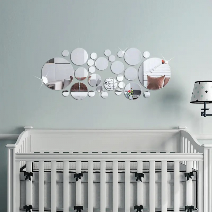 Set 31 oglinzi acrilice decorative Luxer, Oglinda Decorativa Perete/Mobila pentru Hol Living Baie, Model Buline, Autocolant, 5 Dimensiuni, Argintiu/Negru, oglinzi decorative pentru perete rotunde model bulina pentrun hol living ieftine din acril rezistente ikea jumbo hornbach luxer [11]