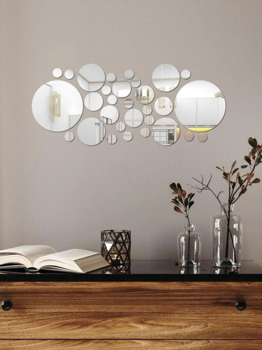 Set 31 oglinzi acrilice decorative Luxer, Oglinda Decorativa Perete/Mobila pentru Hol Living Baie, Model Buline, Autocolant, 5 Dimensiuni, Argintiu/Negru, oglinzi decorative pentru perete rotunde model bulina pentrun hol living ieftine din acril rezistente ikea jumbo hornbach luxer [8]