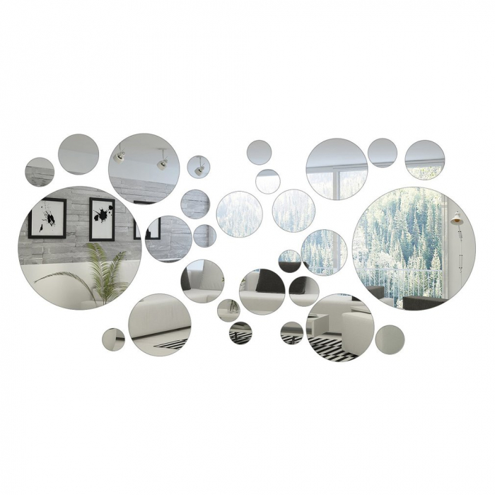 Set 31 oglinzi acrilice decorative Luxer, Oglinda Decorativa Perete/Mobila pentru Hol Living Baie, Model Buline, Autocolant, 5 Dimensiuni, Argintiu/Negru, oglinzi decorative pentru perete rotunde model bulina pentrun hol living ieftine din acril rezistente ikea jumbo hornbach luxer [14]