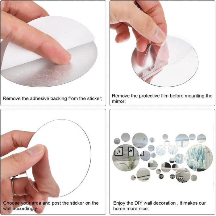 Set 31 oglinzi acrilice decorative Luxer, Oglinda Decorativa Perete/Mobila pentru Hol Living Baie, Model Buline, Autocolant, 5 Dimensiuni, Argintiu/Negru, oglinzi decorative pentru perete rotunde model bulina pentrun hol living ieftine din acril rezistente ikea jumbo hornbach luxer [18]