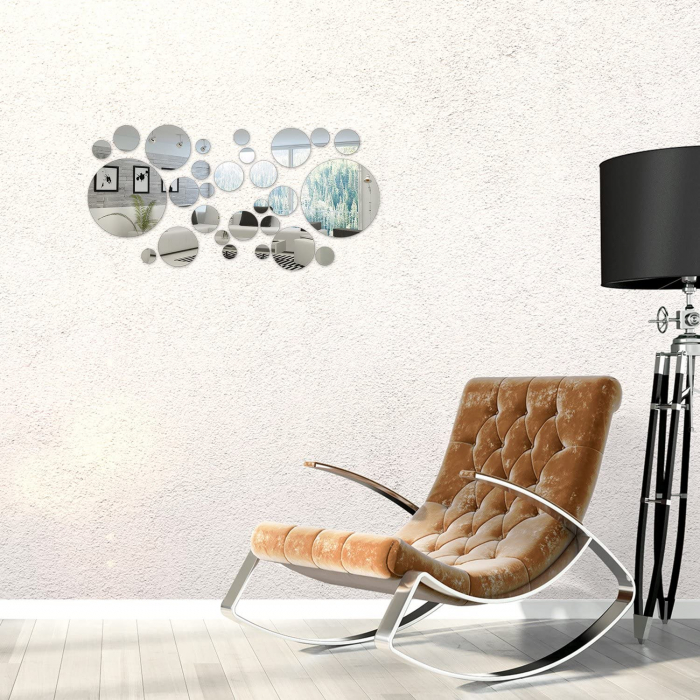 Set 31 oglinzi acrilice decorative Luxer, Oglinda Decorativa Perete/Mobila pentru Hol Living Baie, Model Buline, Autocolant, 5 Dimensiuni, Argintiu/Negru, oglinzi decorative pentru perete rotunde model bulina pentrun hol living ieftine din acril rezistente ikea jumbo hornbach luxer [4]