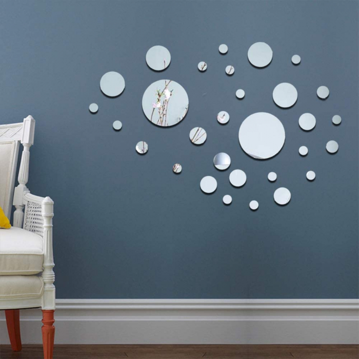 Set 31 oglinzi acrilice decorative Luxer, Oglinda Decorativa Perete/Mobila pentru Hol Living Baie, Model Buline, Autocolant, 5 Dimensiuni, Argintiu/Negru, oglinzi decorative pentru perete rotunde model bulina pentrun hol living ieftine din acril rezistente ikea jumbo hornbach luxer [6]