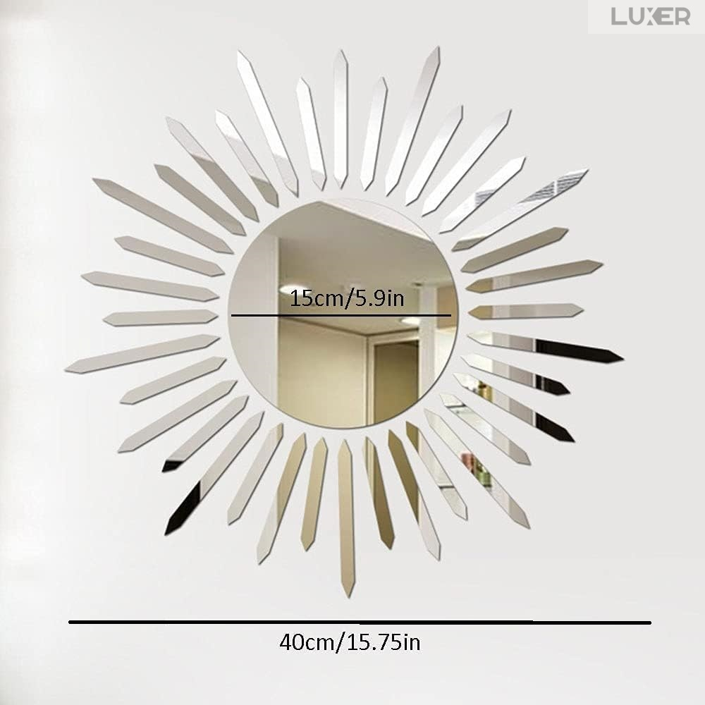 Set 37 Oglinzi Acrilice Autoadezive Luxer, Model Soare cu 36 Raze, Oglinda Decorativa Perete/Mobila pentru Hol Living Baie,Dimensiuni 40x40 cm, Silver [11]