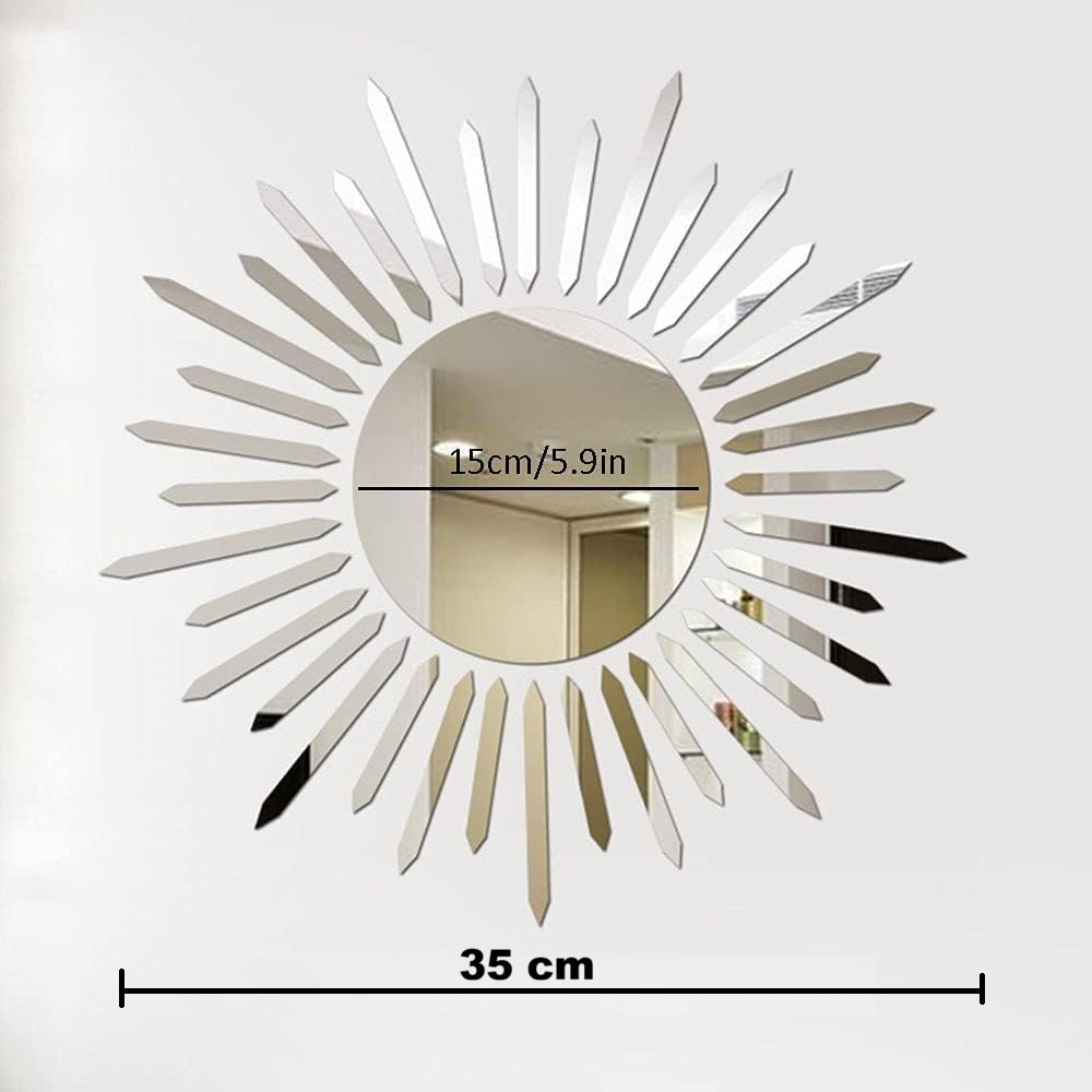 Set 37 Oglinzi Acrilice Autoadezive Luxer, Model Soare cu 36 Raze, Oglinda Decorativa Perete/Mobila pentru Hol Living Baie,Dimensiuni 40x40 cm, Silver [12]