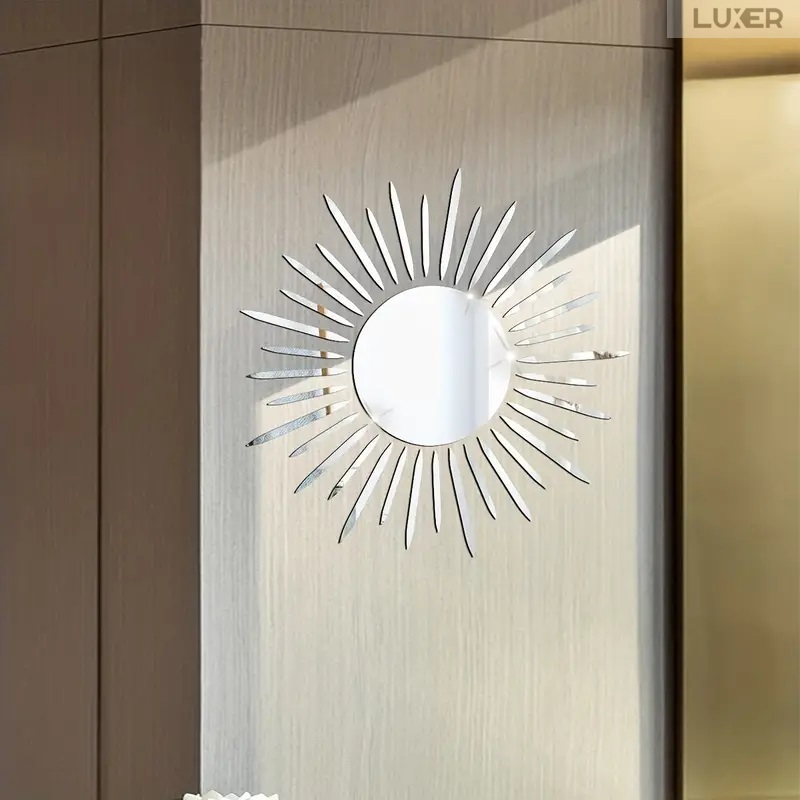 Set 37 Oglinzi Acrilice Autoadezive Luxer, Model Soare cu 36 Raze, Oglinda Decorativa Perete/Mobila pentru Hol Living Baie,Dimensiuni 40x40 cm, Silver [5]