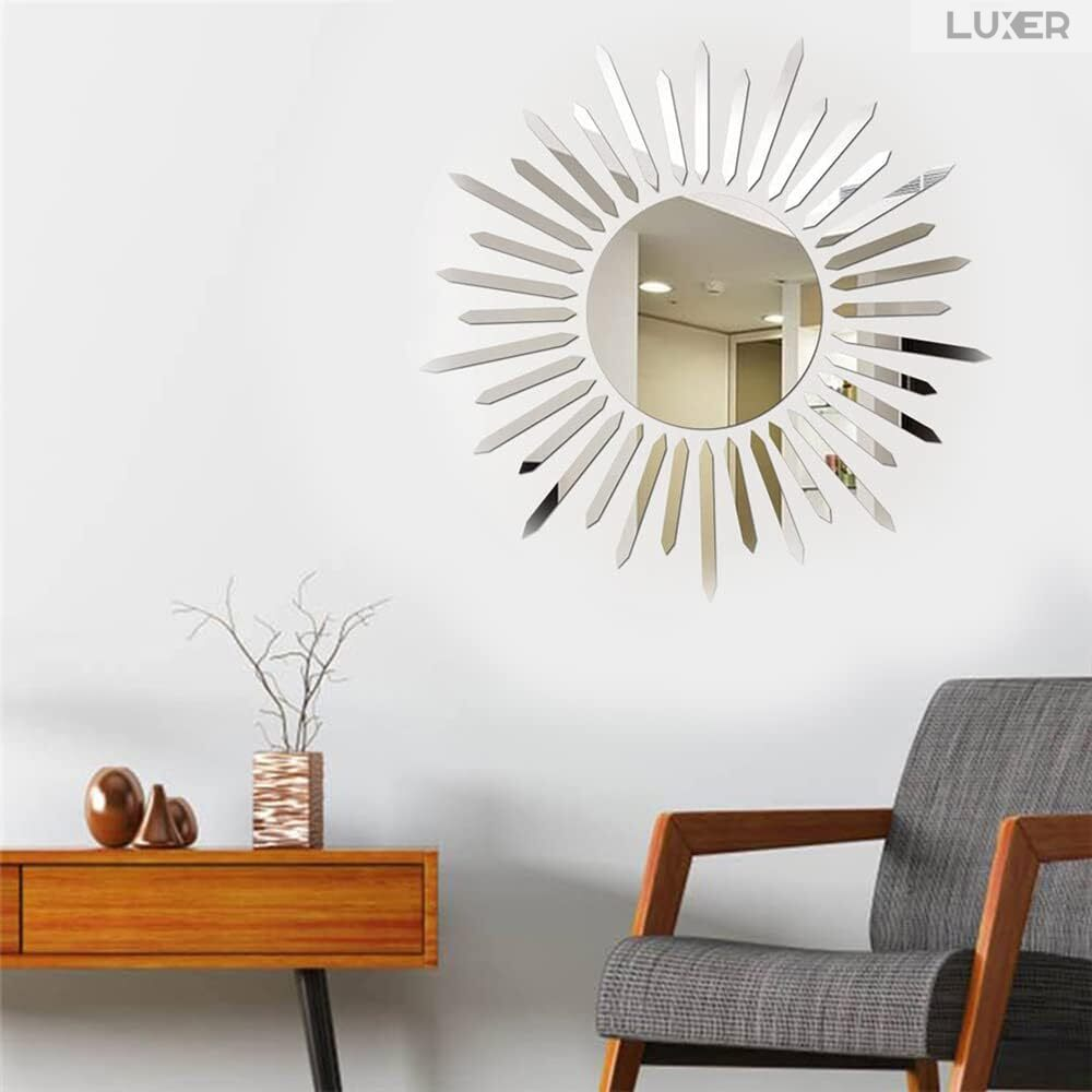 Set 37 Oglinzi Acrilice Autoadezive Luxer, Model Soare cu 36 Raze, Oglinda Decorativa Perete/Mobila pentru Hol Living Baie,Dimensiuni 40x40 cm, Silver [6]