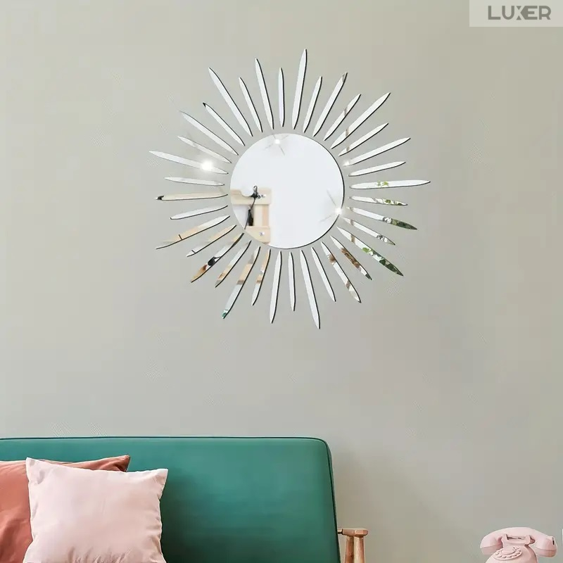 Set 37 Oglinzi Acrilice Autoadezive Luxer, Model Soare cu 36 Raze, Oglinda Decorativa Perete/Mobila pentru Hol Living Baie,Dimensiuni 40x40 cm, Silver [7]