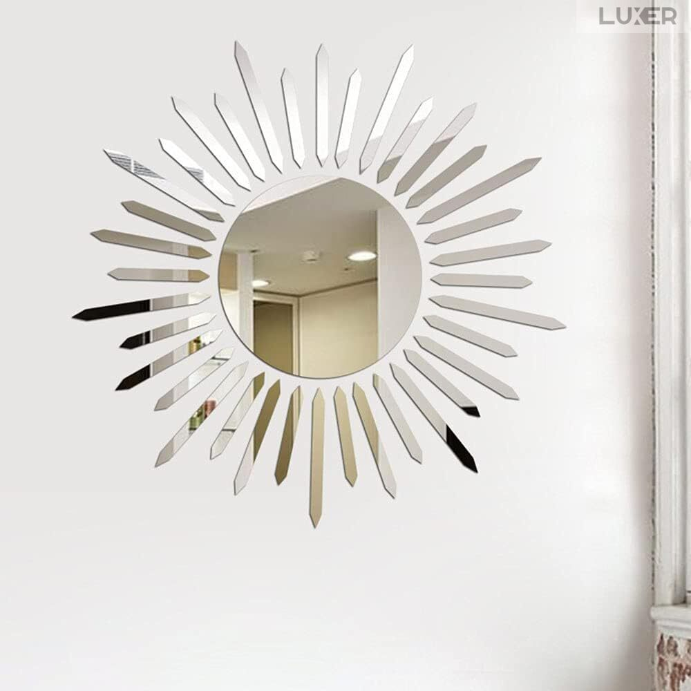 Set 37 Oglinzi Acrilice Autoadezive Luxer, Model Soare cu 36 Raze, Oglinda Decorativa Perete/Mobila pentru Hol Living Baie,Dimensiuni 40x40 cm, Silver [8]