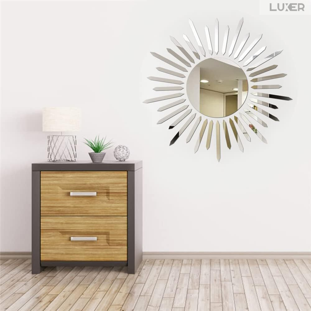 Set 37 Oglinzi Acrilice Autoadezive Luxer, Model Soare cu 36 Raze, Oglinda Decorativa Perete/Mobila pentru Hol Living Baie,Dimensiuni 40x40 cm, Silver [2]