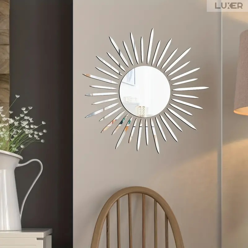 Set 37 Oglinzi Acrilice Autoadezive Luxer, Model Soare cu 36 Raze, Oglinda Decorativa Perete/Mobila pentru Hol Living Baie,Dimensiuni 40x40 cm, Silver [1]