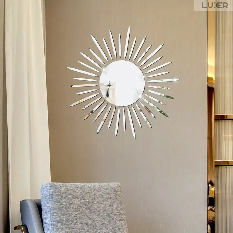 Set 37 Oglinzi Acrilice Autoadezive Luxer, Model Soare cu 36 Raze, Oglinda Decorativa Perete/Mobila pentru Hol Living Baie,Dimensiuni 40x40 cm, Silver [3]