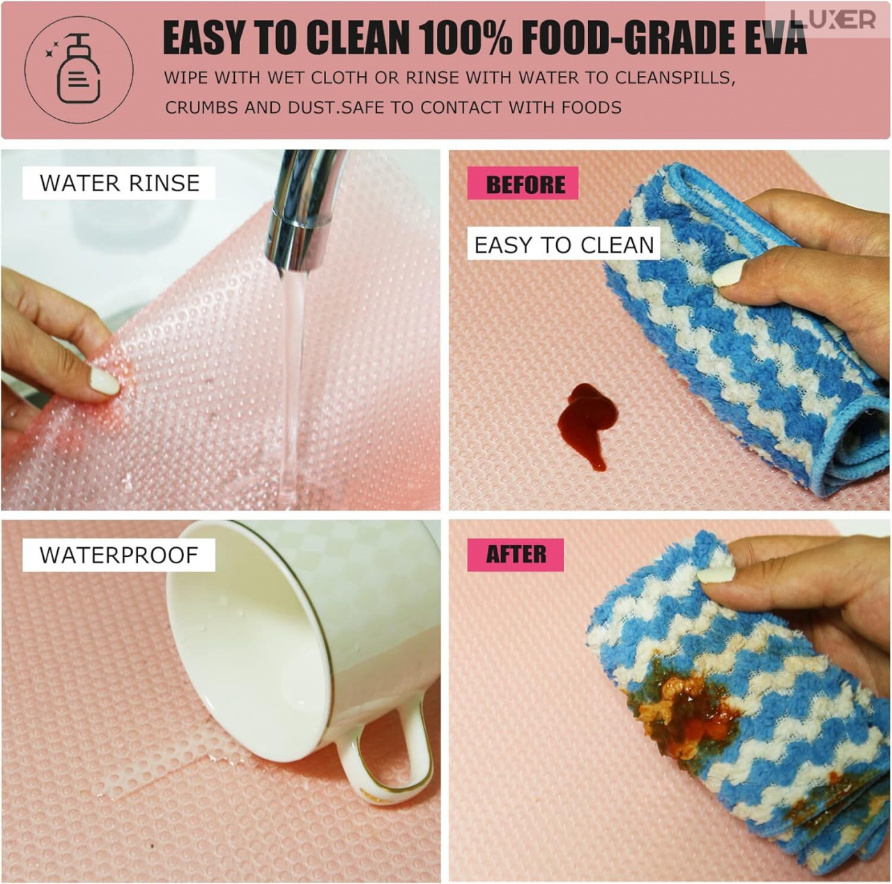 Set 4 Covorase Antiderapante Pentru Protectie Rafturi Frigider sau Sertare, Anti-Mucegai, Table Placemats, Material Impermeabil, Dimensiuni 45x29 cm, Roz, Luxer, Folie Protectie Rafturi Dulap, Antibacteriene, Covoras Pentru Pastrarea Prospetimii, Covoras Frigider [10]