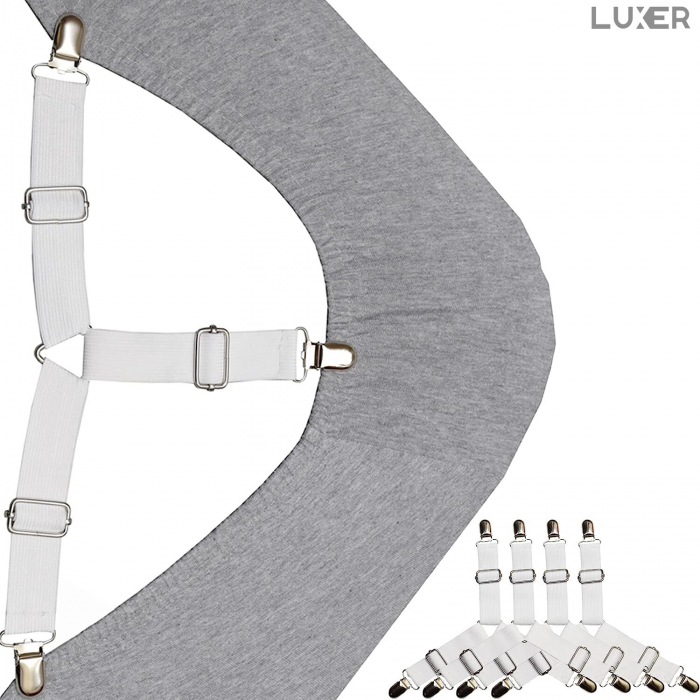 Set 4 Curele/Bretele cu Clesti Metalici Ajustabile Pentru Fixarea Cearceafului/Lenjeriei de Pat, Albe, Luxer, fixare asternuturi cearceaf canapea/pat jysk leroy merlin dedeman hornbach emag ieftine [2]